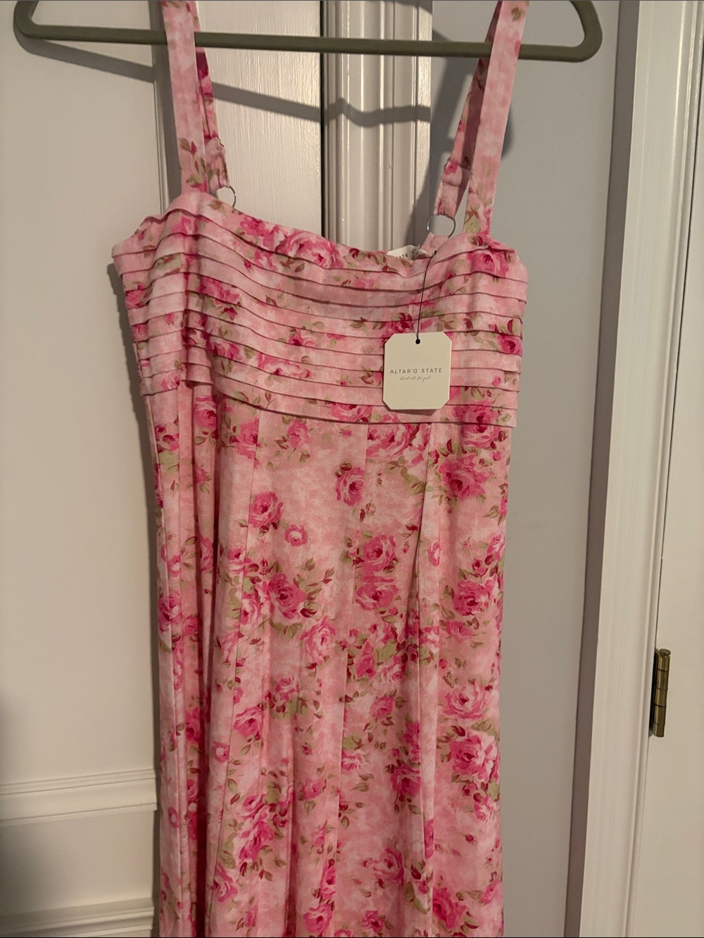 Altar'd State Pink Floral Maxi Skirt with Pleated Bodice - Picture 2 of 4